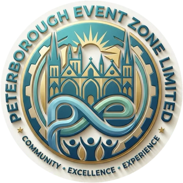 Peterborough Event Zone Limited logo: a round badge with Peterborough's skyline, a rising sun and the words Community, Excellence, Experience